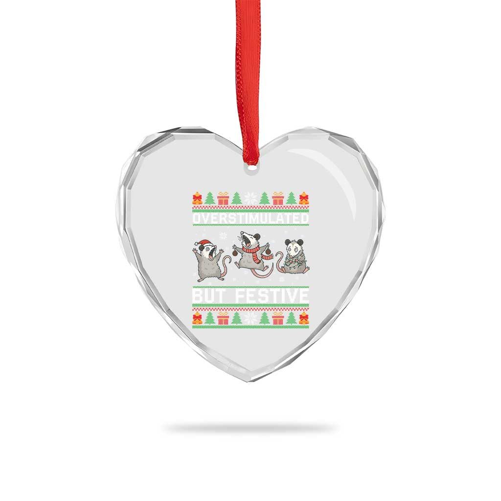 Overstimulated But Festive Opossum Christmas Heart Crystal Glass Ornament Funny Holiday Anxiety Gag Gift for Introverts - Wonder Print Shop