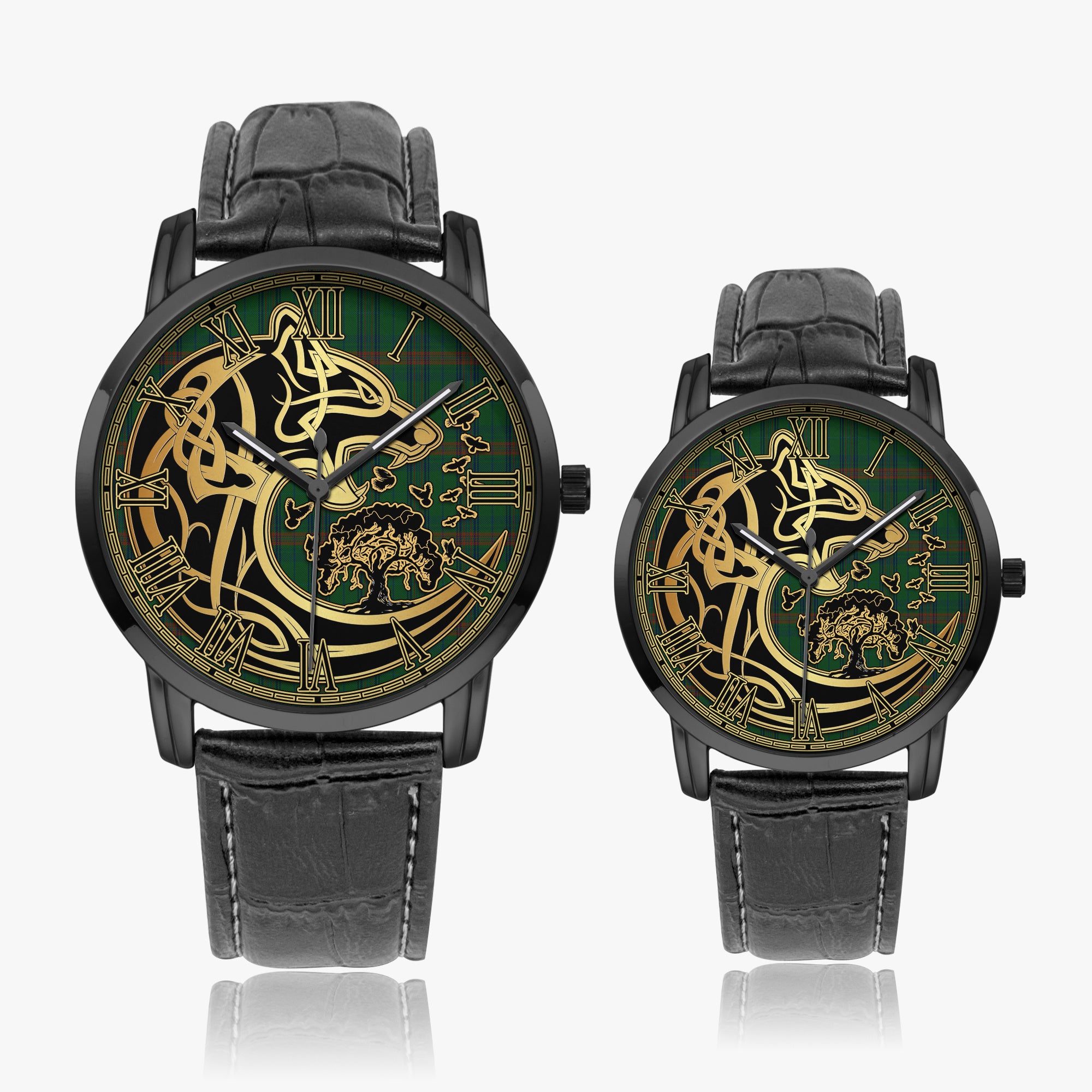 owen-of-wales-tartan-watch-with-leather-trap-tartan-instafamous-quartz-leather-strap-watch-golden-celtic-wolf-style