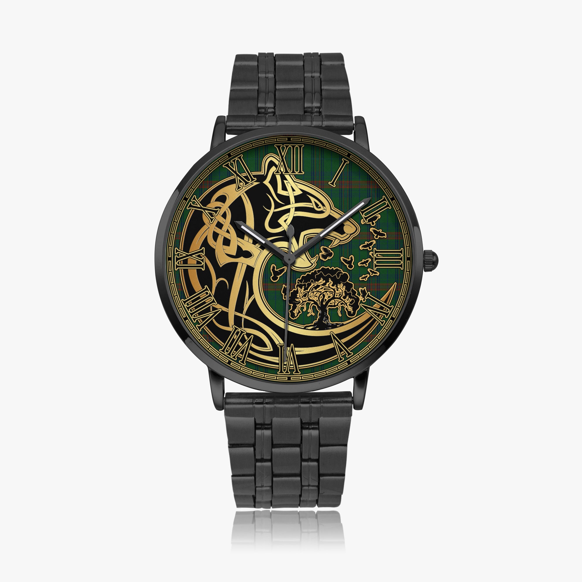 owen-of-wales-tartan-watch-with-stainless-steel-trap-tartan-instafamous-quartz-stainless-steel-watch-golden-celtic-wolf-style