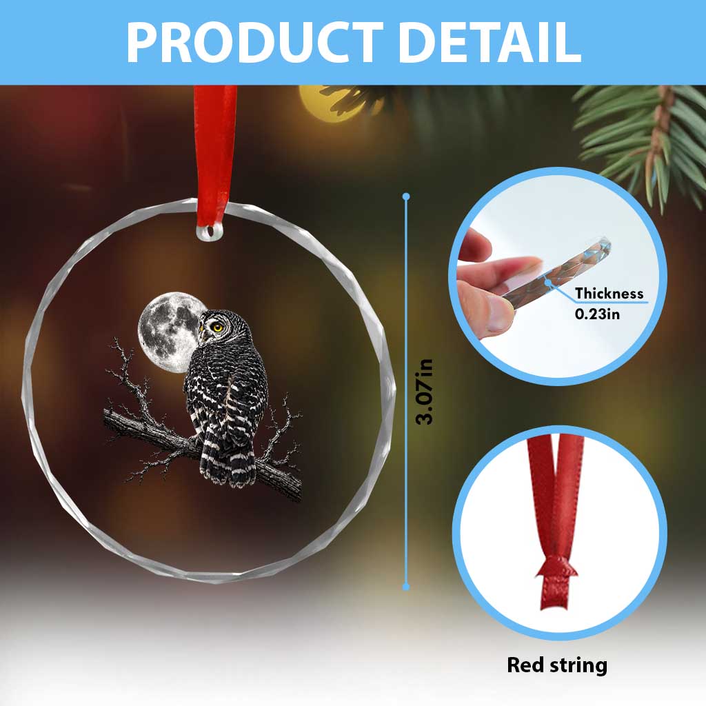 Owl Full Moon Graphic Crystal Glass Ornament Vintage Dark Academia Bird