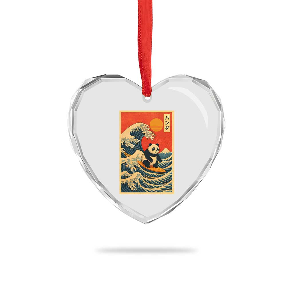 Panda Surfing Japanese Heart Crystal Glass Ornament Vintage Great Wave Off Kanagawa Anime Kawaii - Wonder Print Shop