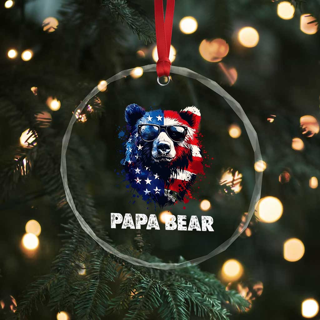 Papa Bear Father's Day Crystal Glass Ornament Patriotic American Flag 4th Of July