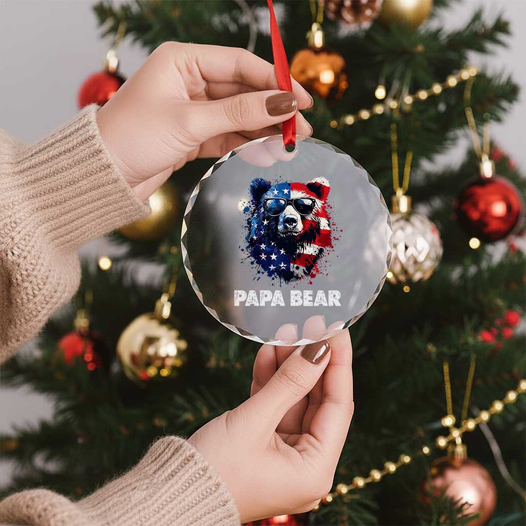Papa Bear Father's Day Crystal Glass Ornament Patriotic American Flag 4th Of July