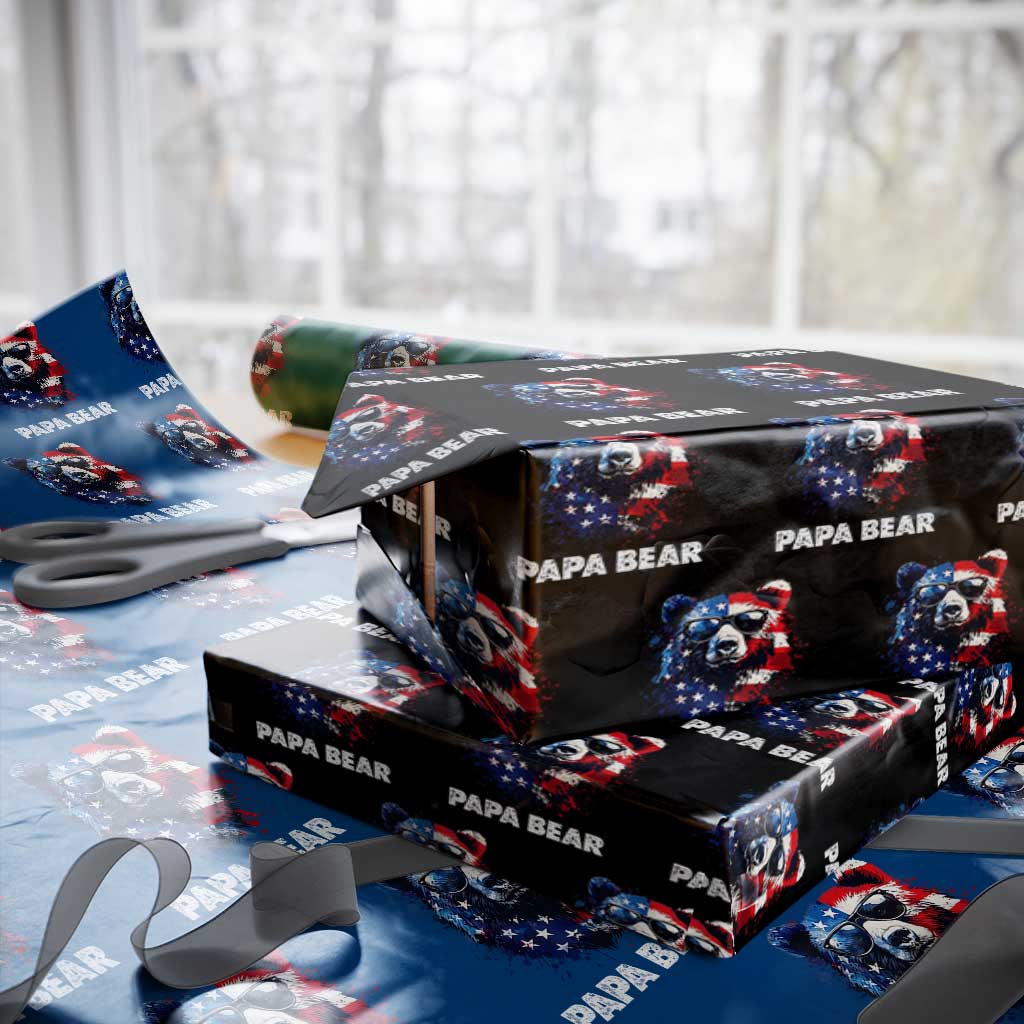 Papa Bear Father's Day Wrapping Paper Roll Patriotic American Flag 4th Of July