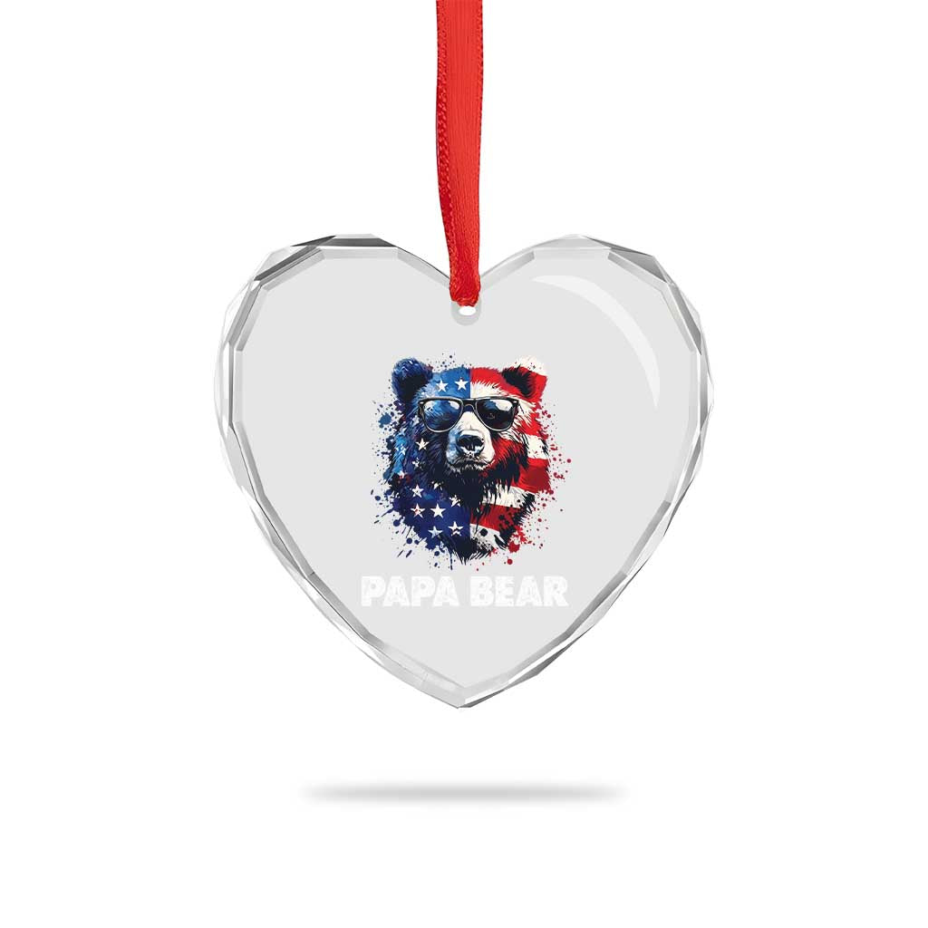 Papa Bear Father's Day Heart Crystal Glass Ornament Patriotic American Flag 4th Of July