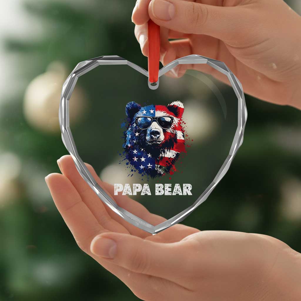 Papa Bear Father's Day Heart Crystal Glass Ornament Patriotic American Flag 4th Of July