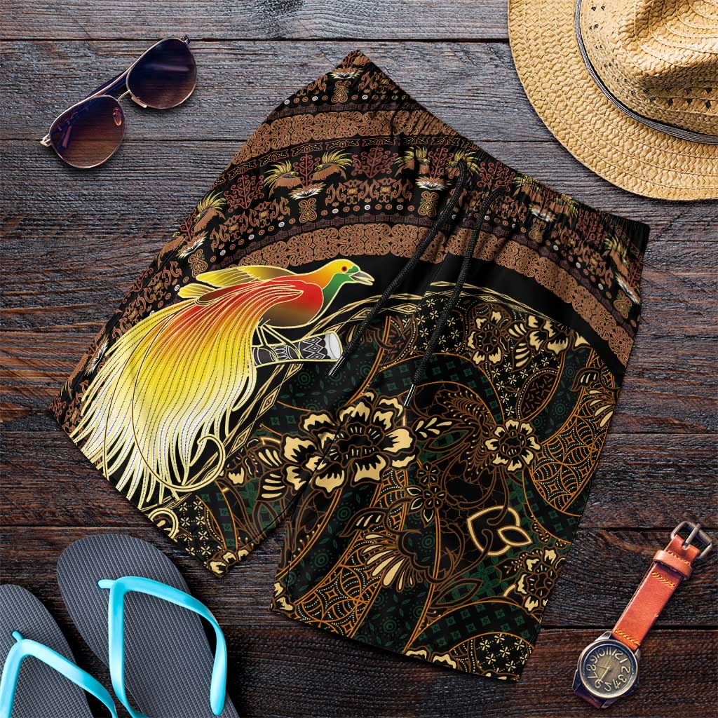 Papua New Guinea and Indonesia Batik Shorts for Men Bird of Paradise with Tribal Batik Patterns