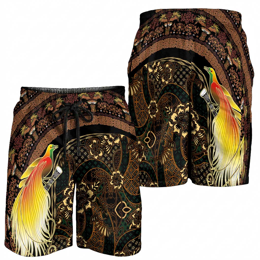 Papua New Guinea and Indonesia Batik Shorts for Men Bird of Paradise with Tribal Batik Patterns