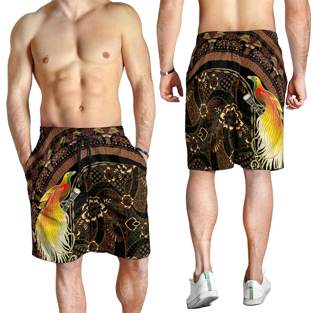 Papua New Guinea and Indonesia Batik Shorts for Men Bird of Paradise with Tribal Batik Patterns