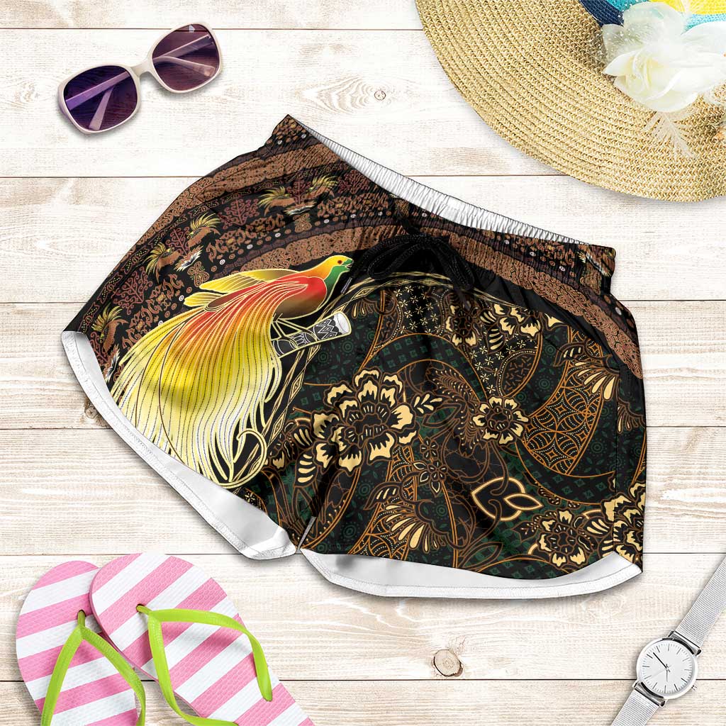 Papua New Guinea and Indonesia Batik Shorts for Women Bird of Paradise with Tribal Batik Patterns