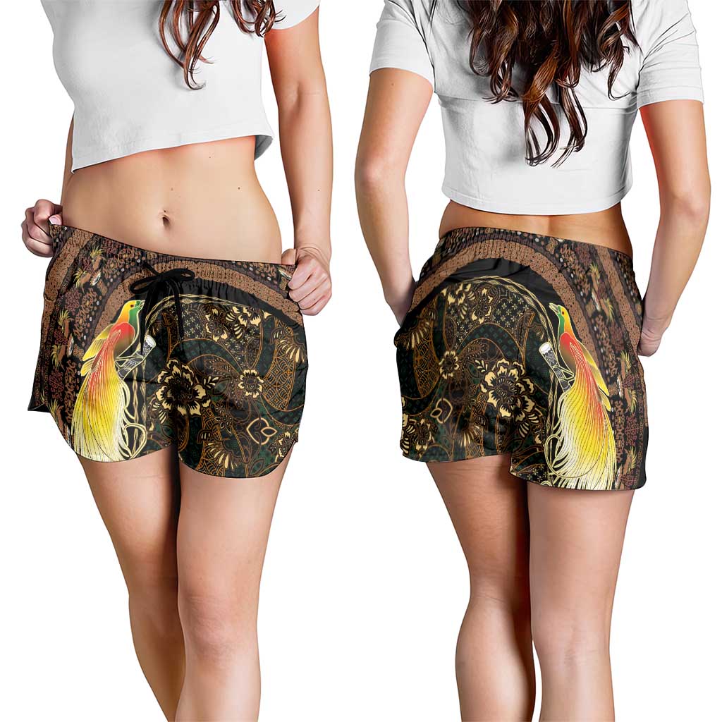 Papua New Guinea and Indonesia Batik Shorts for Women Bird of Paradise with Tribal Batik Patterns