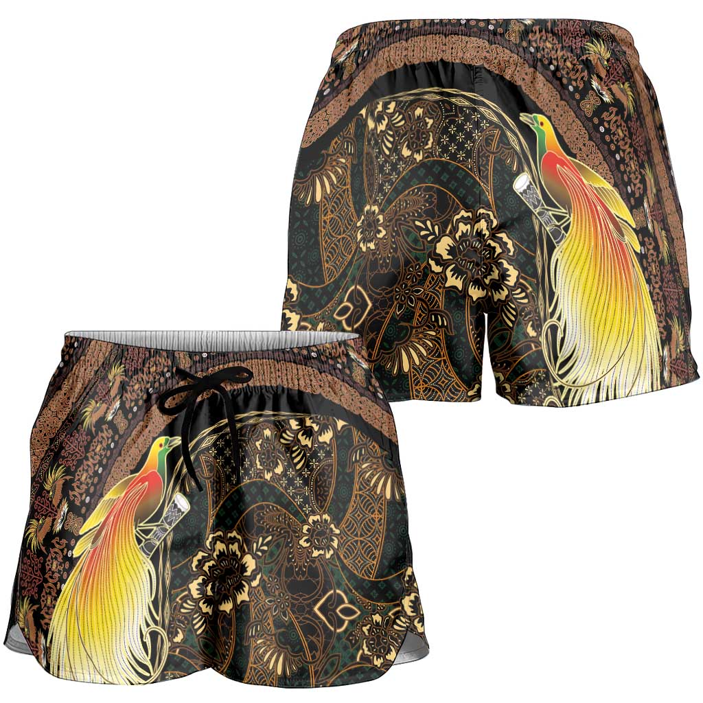 Papua New Guinea and Indonesia Batik Shorts for Women Bird of Paradise with Tribal Batik Patterns