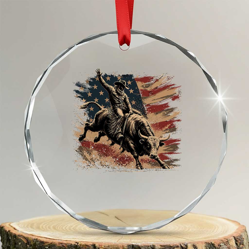 Patiotic Bull Rider Vintage Bull Riding Cowboy American Flag Crystal Glass Ornament