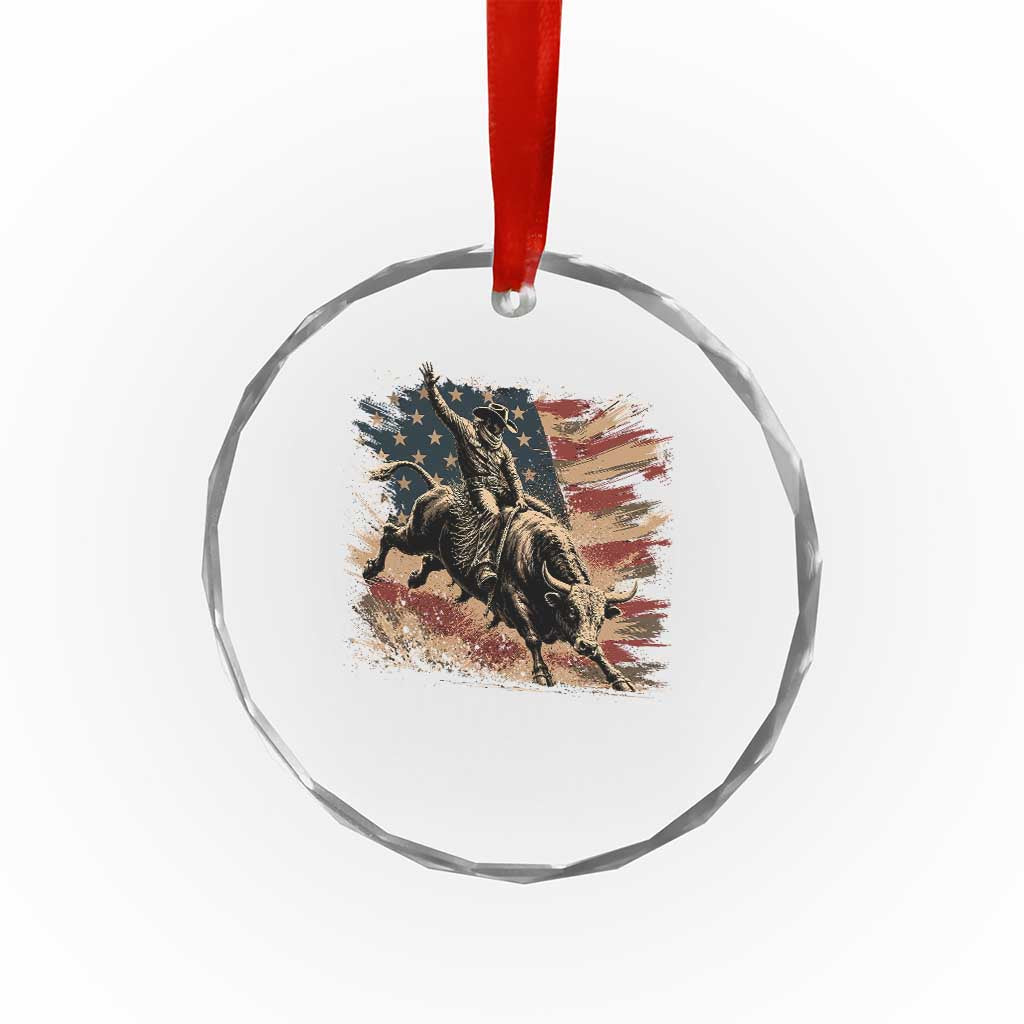 Patiotic Bull Rider Vintage Bull Riding Cowboy American Flag Crystal Glass Ornament