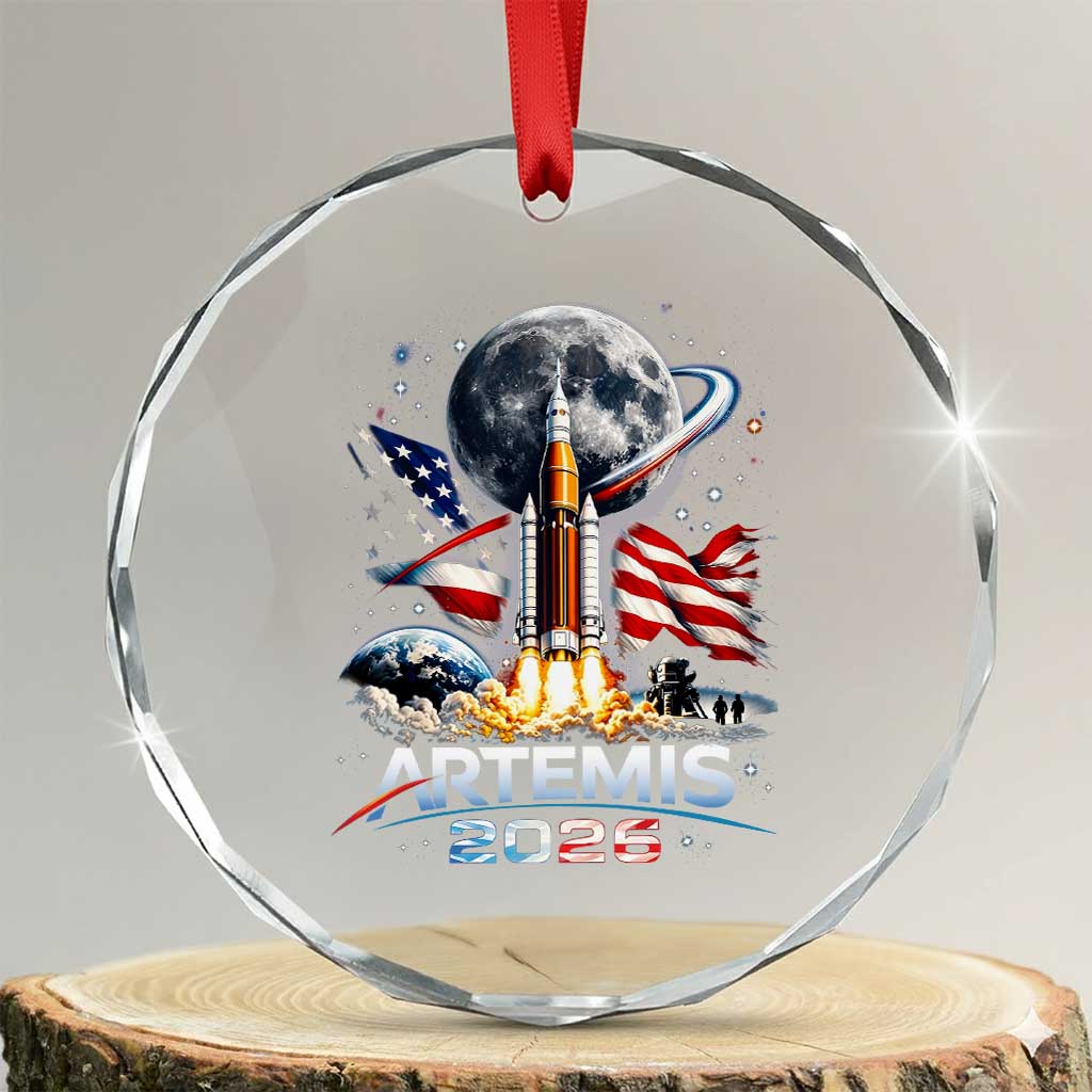 Patriotic 2026 Lunar Orbit Mission Rocket Launch Crystal Glass Ornament American Flag n Moon Patriotic Space Astronomy Enthusiasts