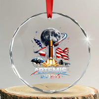 Patriotic 2026 Lunar Orbit Mission Rocket Launch Crystal Glass Ornament American Flag n Moon Patriotic Space Astronomy Enthusiasts