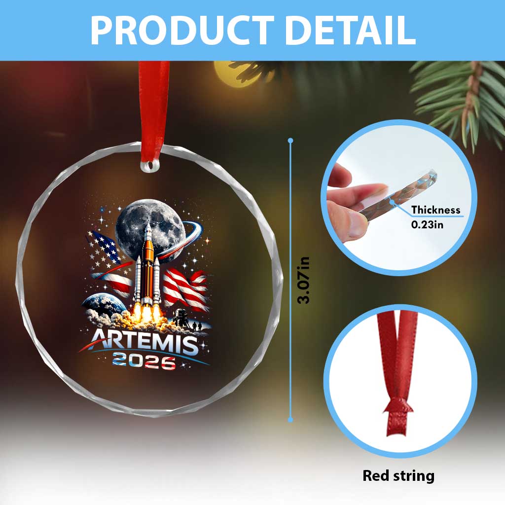 Patriotic 2026 Lunar Orbit Mission Rocket Launch Crystal Glass Ornament American Flag n Moon Patriotic Space Astronomy Enthusiasts