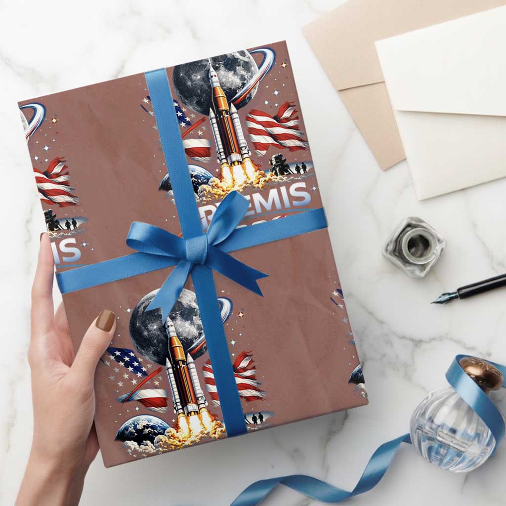 Patriotic 2026 Lunar Orbit Mission Rocket Launch Wrapping Paper Roll American Flag n Moon Patriotic Space Astronomy Enthusiasts
