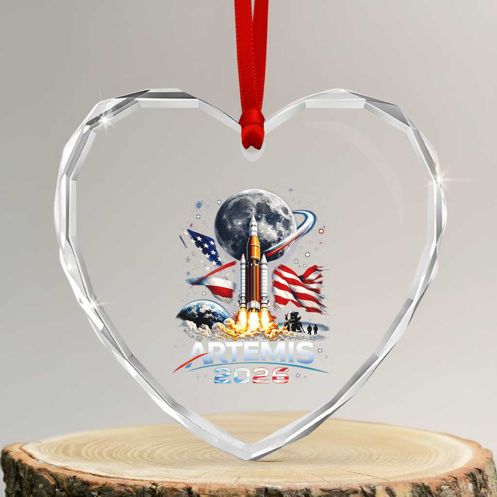 Patriotic 2026 Lunar Orbit Mission Rocket Launch Heart Crystal Glass Ornament American Flag n Moon Patriotic Space Astronomy Enthusiasts