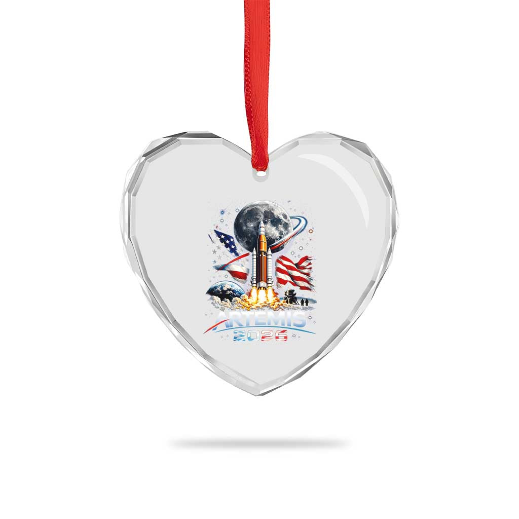 Patriotic 2026 Lunar Orbit Mission Rocket Launch Heart Crystal Glass Ornament American Flag n Moon Patriotic Space Astronomy Enthusiasts