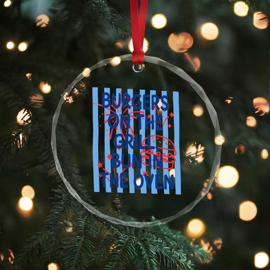 Patriotic 4th of July Pregnancy Announcement Preppy Style Crystal Glass Ornament Burgers On The Grill Bun In The Oven Summer BBQ