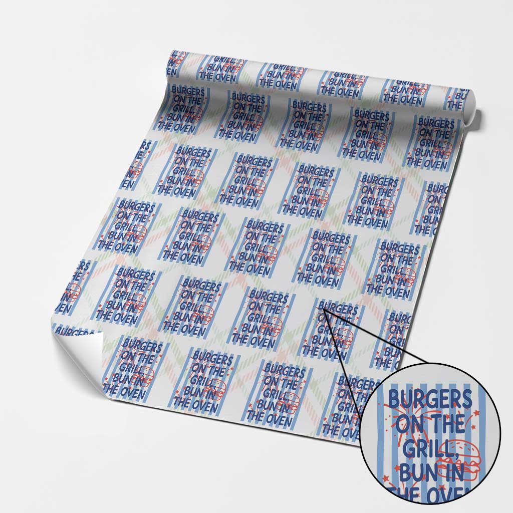 Patriotic 4th of July Pregnancy Announcement Preppy Style Wrapping Paper Roll Burgers On The Grill Bun In The Oven Summer BBQ