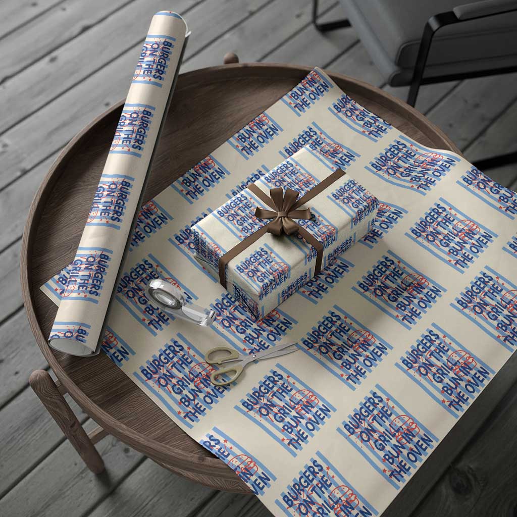Patriotic 4th of July Pregnancy Announcement Preppy Style Wrapping Paper Roll Burgers On The Grill Bun In The Oven Summer BBQ