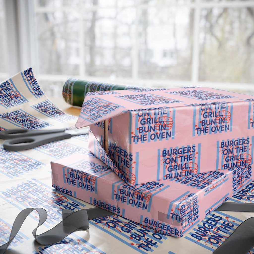 Patriotic 4th of July Pregnancy Announcement Preppy Style Wrapping Paper Roll Burgers On The Grill Bun In The Oven Summer BBQ