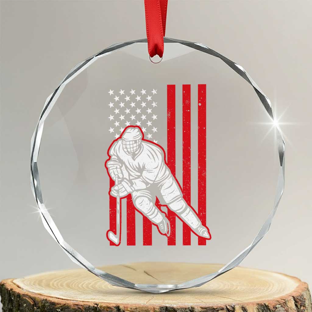 Patriotic American Flag Ice Hockey Player Crystal Glass Ornament Stars And Stripes Sports Graphic