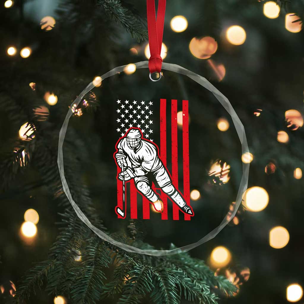 Patriotic American Flag Ice Hockey Player Crystal Glass Ornament Stars And Stripes Sports Graphic