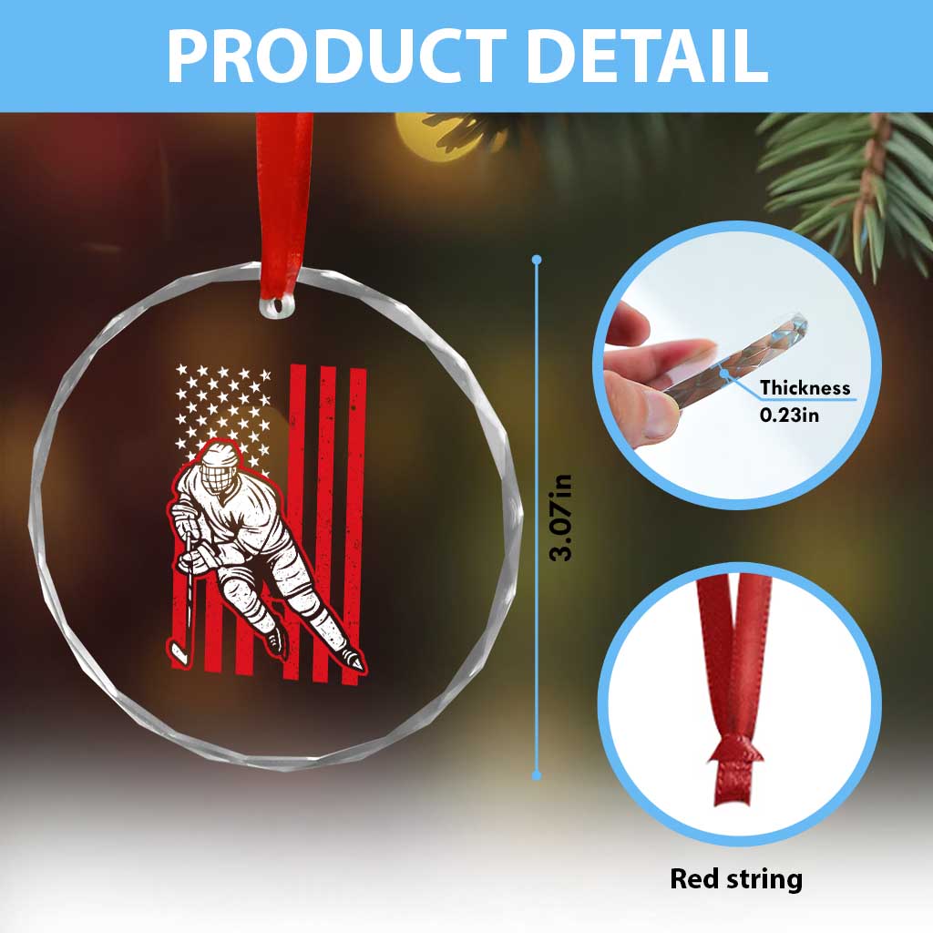 Patriotic American Flag Ice Hockey Player Crystal Glass Ornament Stars And Stripes Sports Graphic