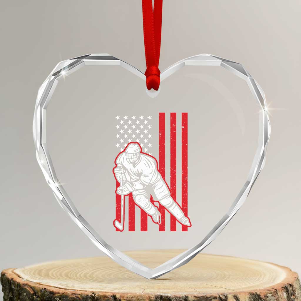 Patriotic American Flag Ice Hockey Player Heart Crystal Glass Ornament Stars And Stripes Sports Graphic