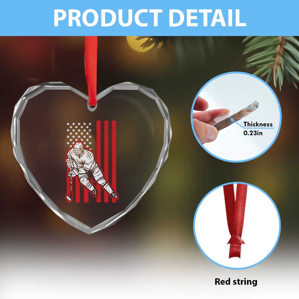 Patriotic American Flag Ice Hockey Player Heart Crystal Glass Ornament Stars And Stripes Sports Graphic