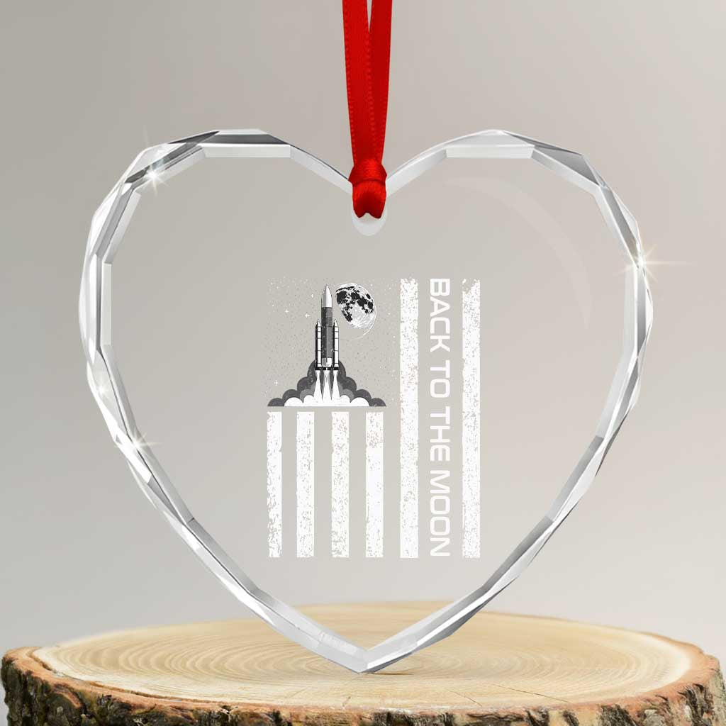 Patriotic American Pride Astronaut Lunar Mission Heart Crystal Glass Ornament Back To The Moon