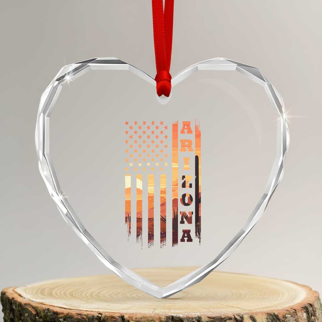 Patriotic Arizona Flag Sunset Graphic Heart Crystal Glass Ornament American Flag Southwest Desert Saguaro Cactus State Pride Souvenir
