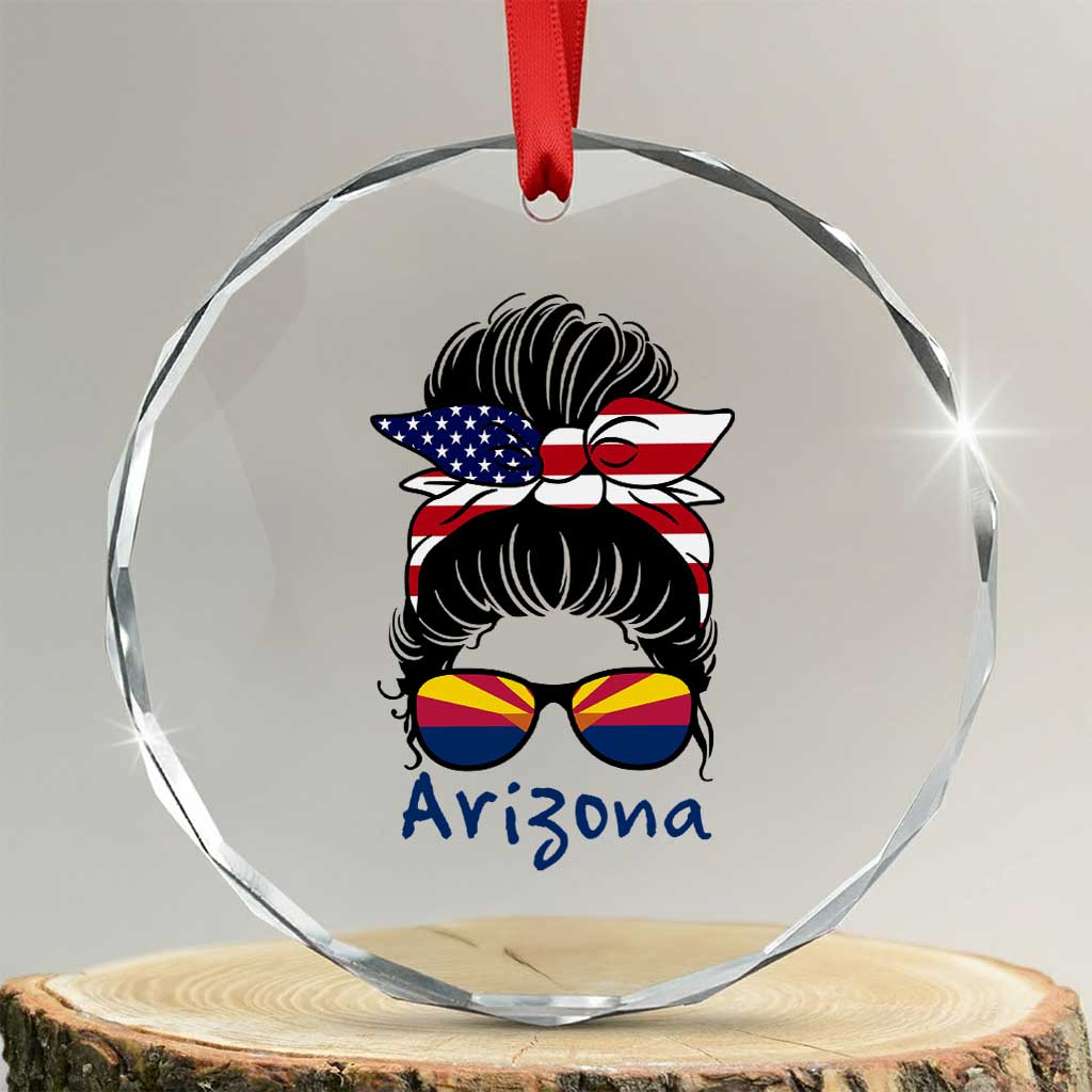 Patriotic Arizona Messy Bun Girl Graphic Crystal Glass Ornament American Flag Sunglasses Southwest State Pride Souvenir