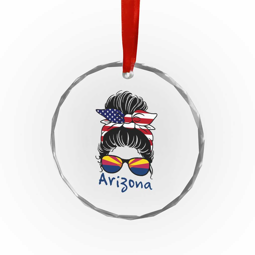 Patriotic Arizona Messy Bun Girl Graphic Crystal Glass Ornament American Flag Sunglasses Southwest State Pride Souvenir
