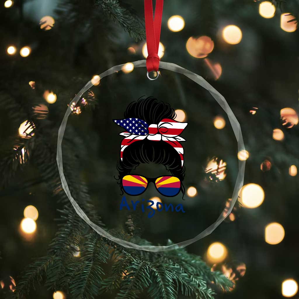 Patriotic Arizona Messy Bun Girl Graphic Crystal Glass Ornament American Flag Sunglasses Southwest State Pride Souvenir