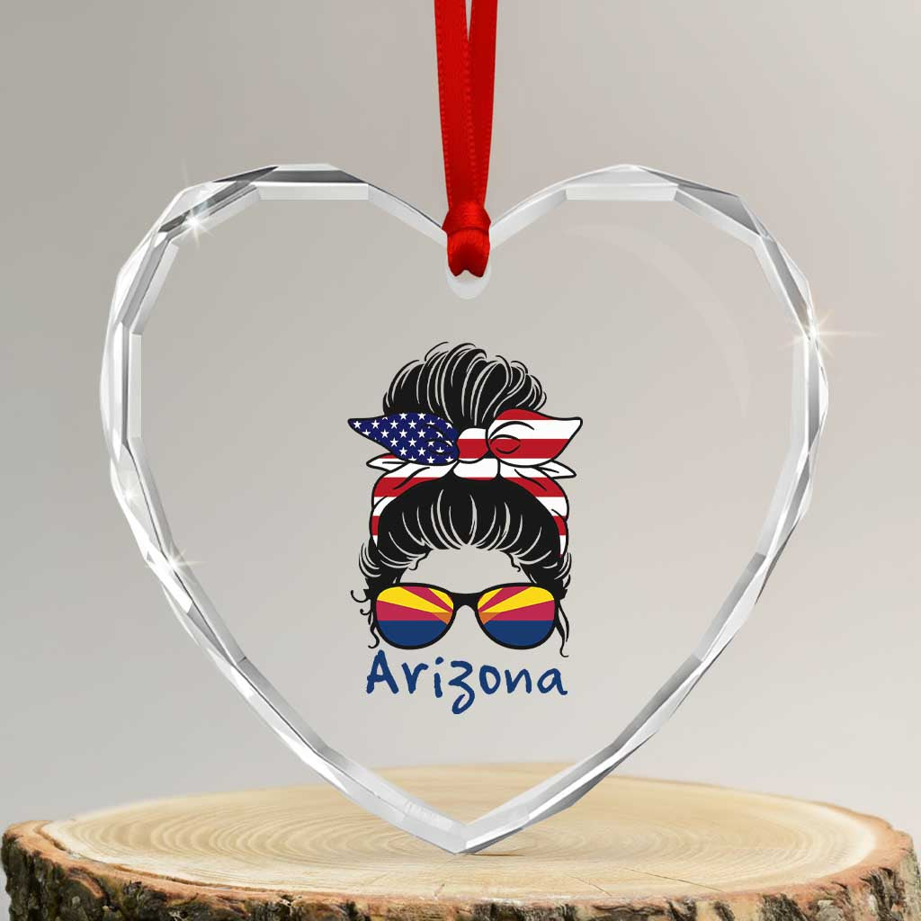 Patriotic Arizona Messy Bun Girl Graphic Heart Crystal Glass Ornament American Flag Sunglasses Southwest State Pride Souvenir