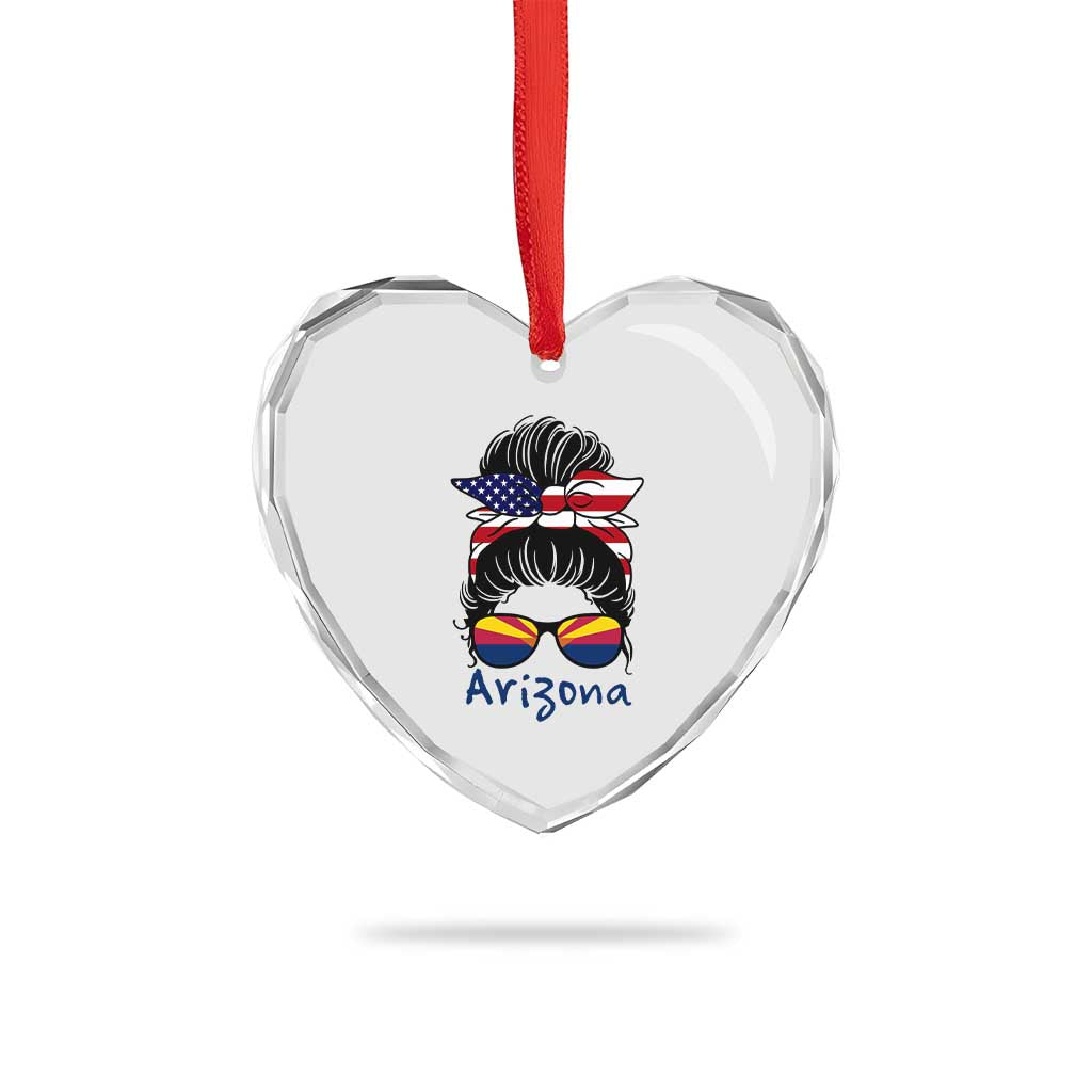 Patriotic Arizona Messy Bun Girl Graphic Heart Crystal Glass Ornament American Flag Sunglasses Southwest State Pride Souvenir