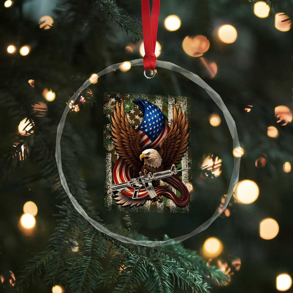 Patriotic Armed Eagle with Camo Flag Crystal Glass Ornament Military Patriotic USA Defense TS02