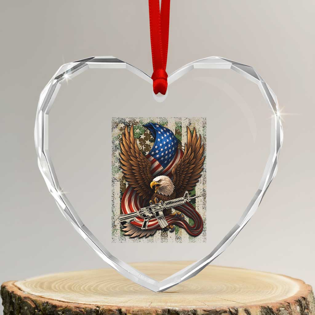 Patriotic Armed Eagle with  Camo Flag Heart Crystal Glass Ornament Military Patriotic USA Defense - Wonder Print Shop