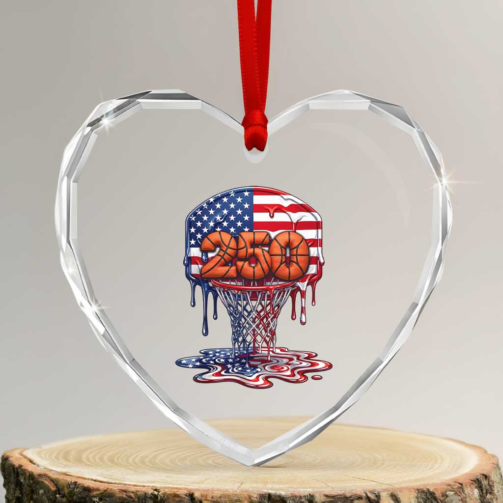 Patriotic Basketball Drip Heart Crystal Glass Ornament USA 250th Anniversary Gift