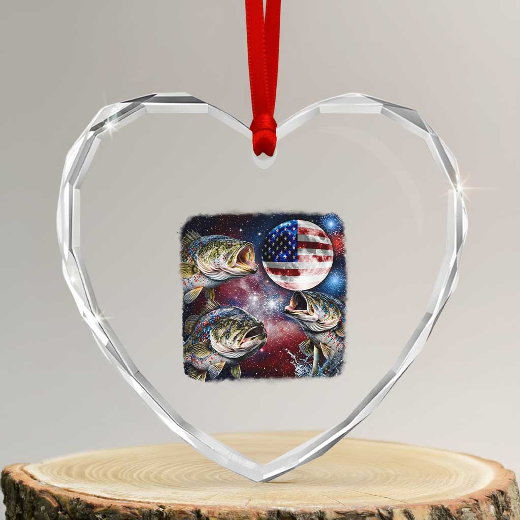 Patriotic Bass Fishing Moon Heart Crystal Glass Ornament 4th Of July Fisherman Gift
