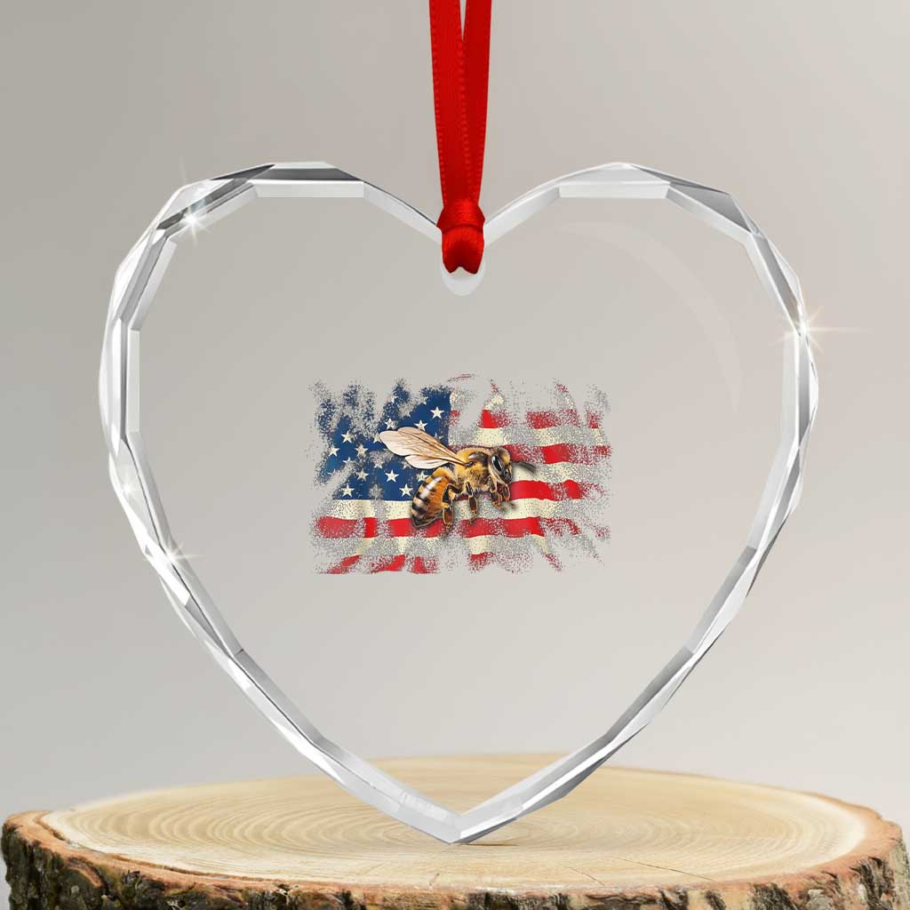 Patriotic Beekeeper Heart Crystal Glass Ornament Bee American Flag Beekeeping
