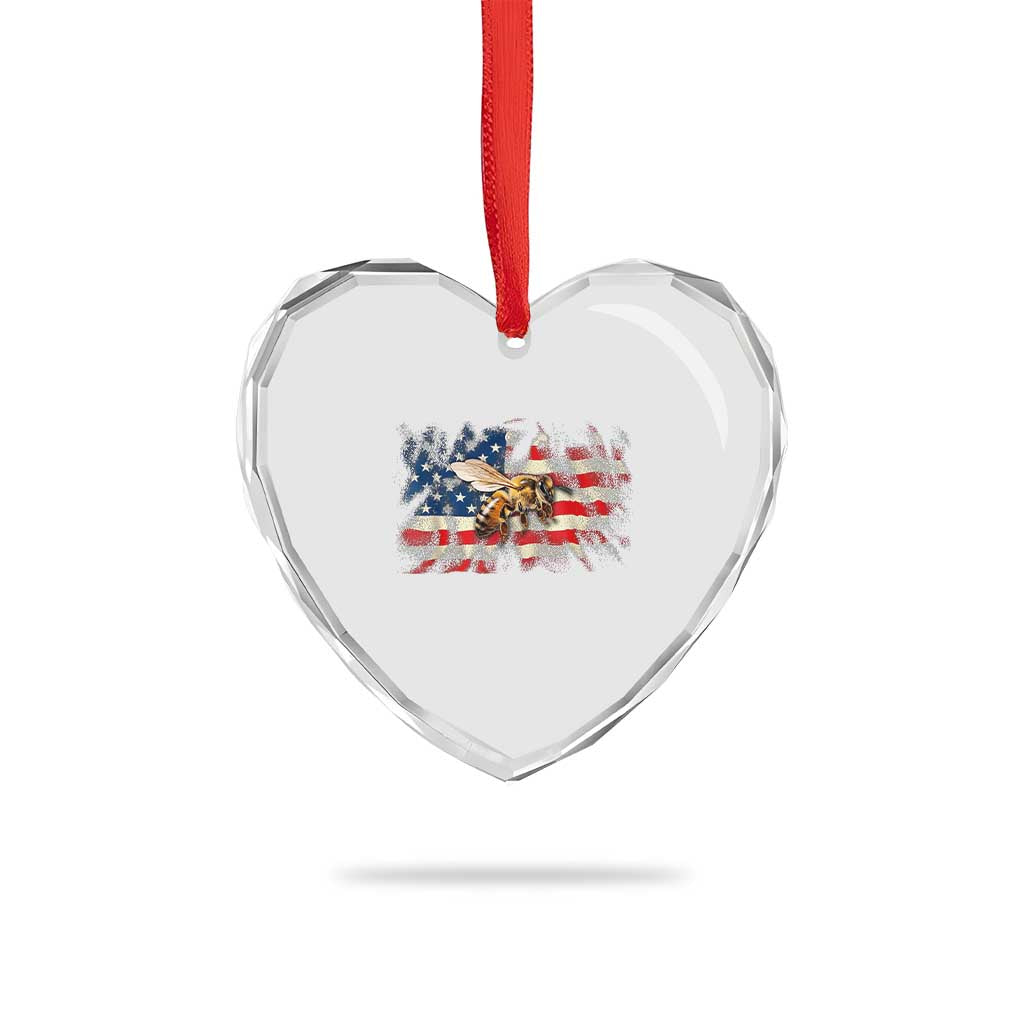 Patriotic Beekeeper Heart Crystal Glass Ornament Bee American Flag Beekeeping