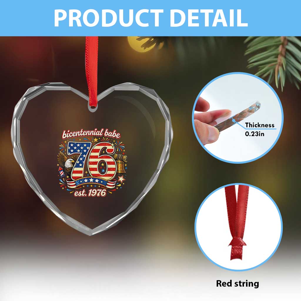 Patriotic Bicentennial Babe Est 1976 Heart Crystal Glass Ornament Eagle Fireworks 50th Birthday