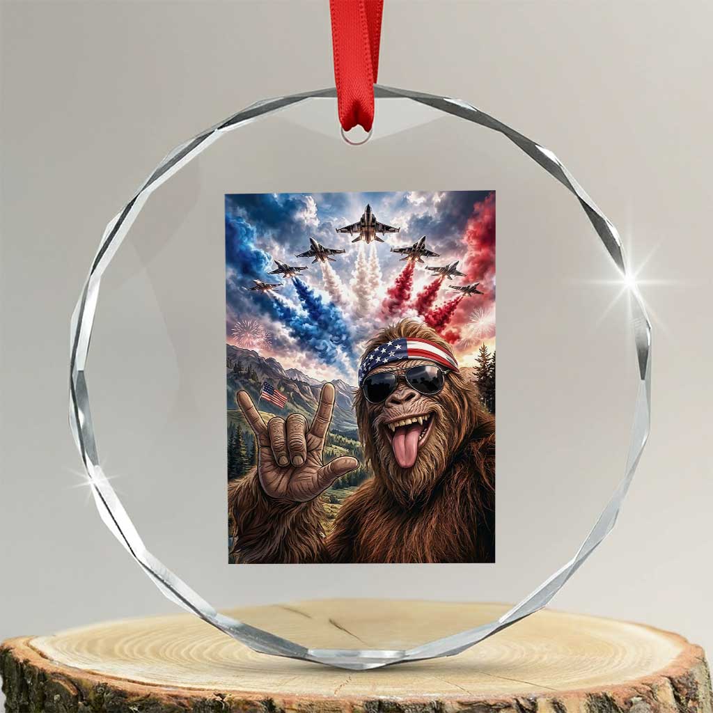 Patriotic Bigfoot 4th Of July Selfie Crystal Glass Ornament Funny USA Freedom Jet Fighter Graphic