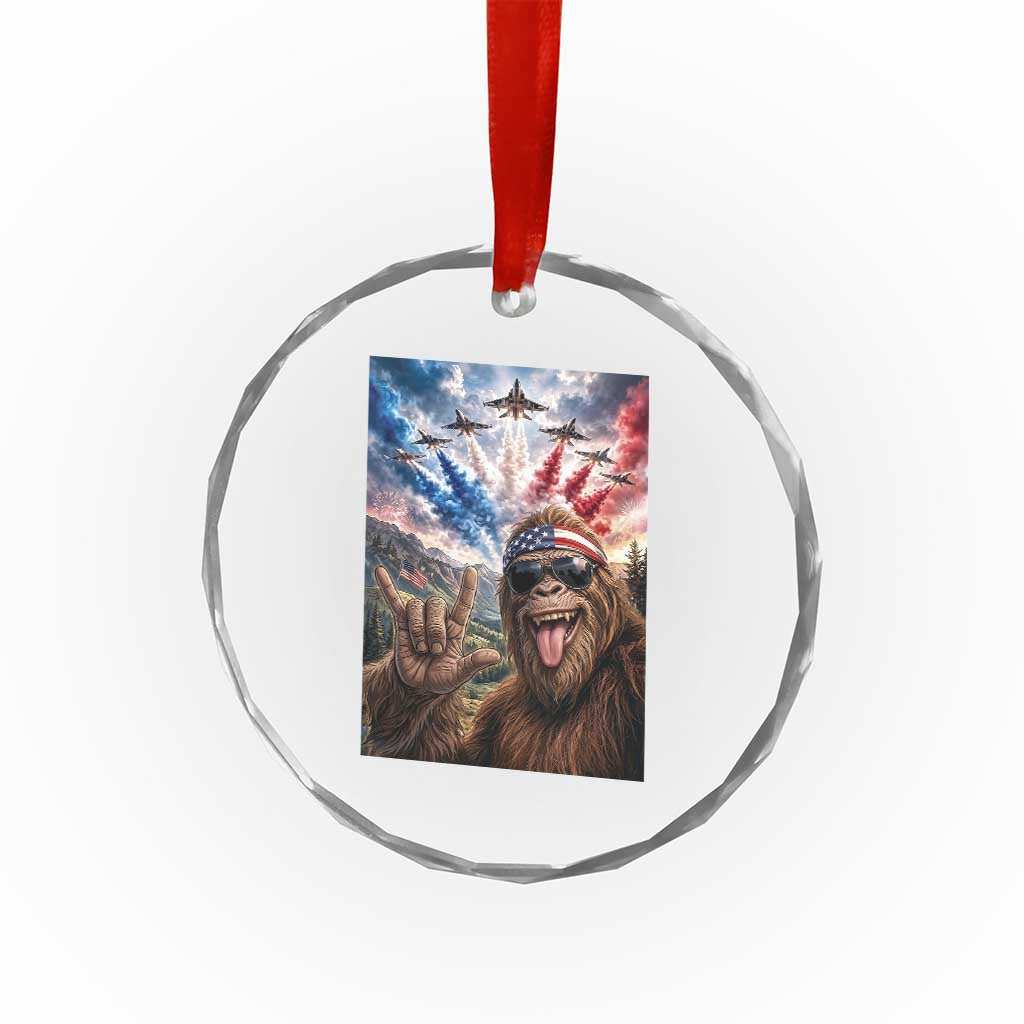 Patriotic Bigfoot 4th Of July Selfie Crystal Glass Ornament Funny USA Freedom Jet Fighter Graphic