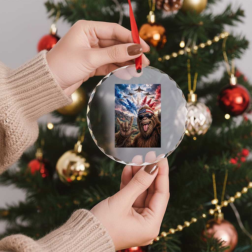 Patriotic Bigfoot 4th Of July Selfie Crystal Glass Ornament Funny USA Freedom Jet Fighter Graphic